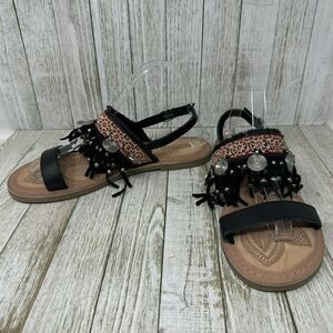 Musse and Cloud Sandals Womens 8 Black Suede Leather Boho Beaded Fringe Flat